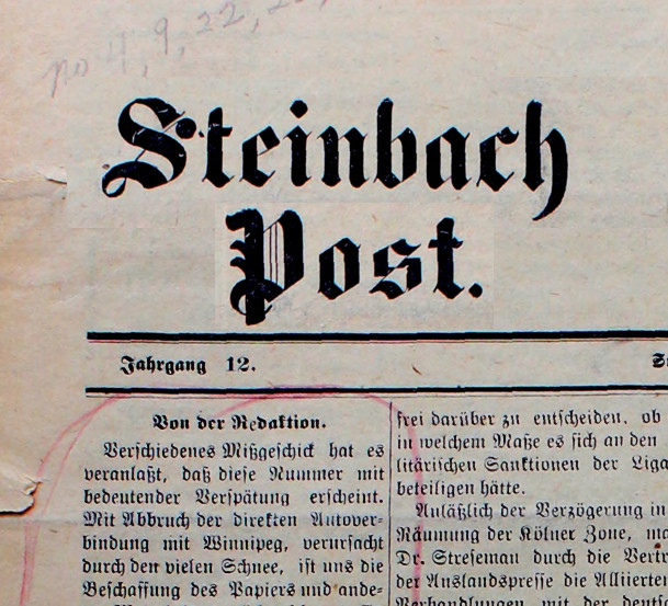 Title of newspaper showing Steinbach Post