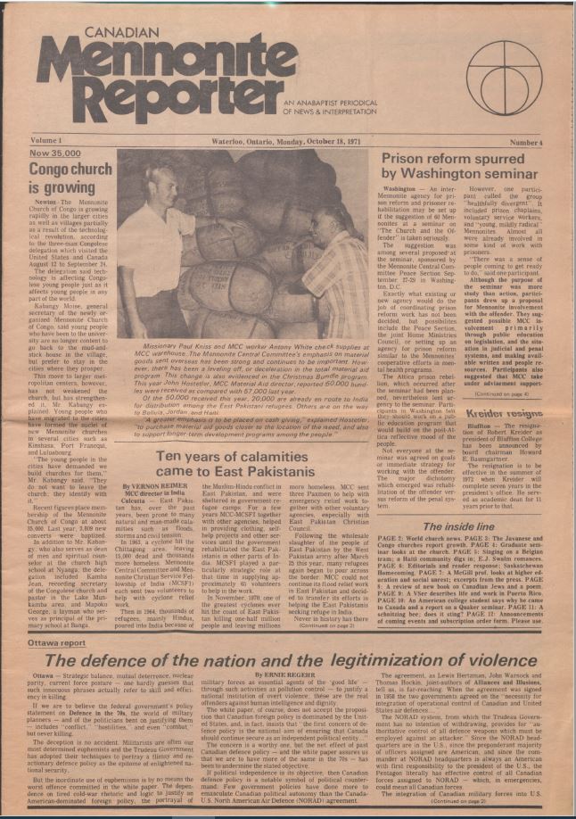 Image of the front page of the Mennonite Reporter on October 18, 1971