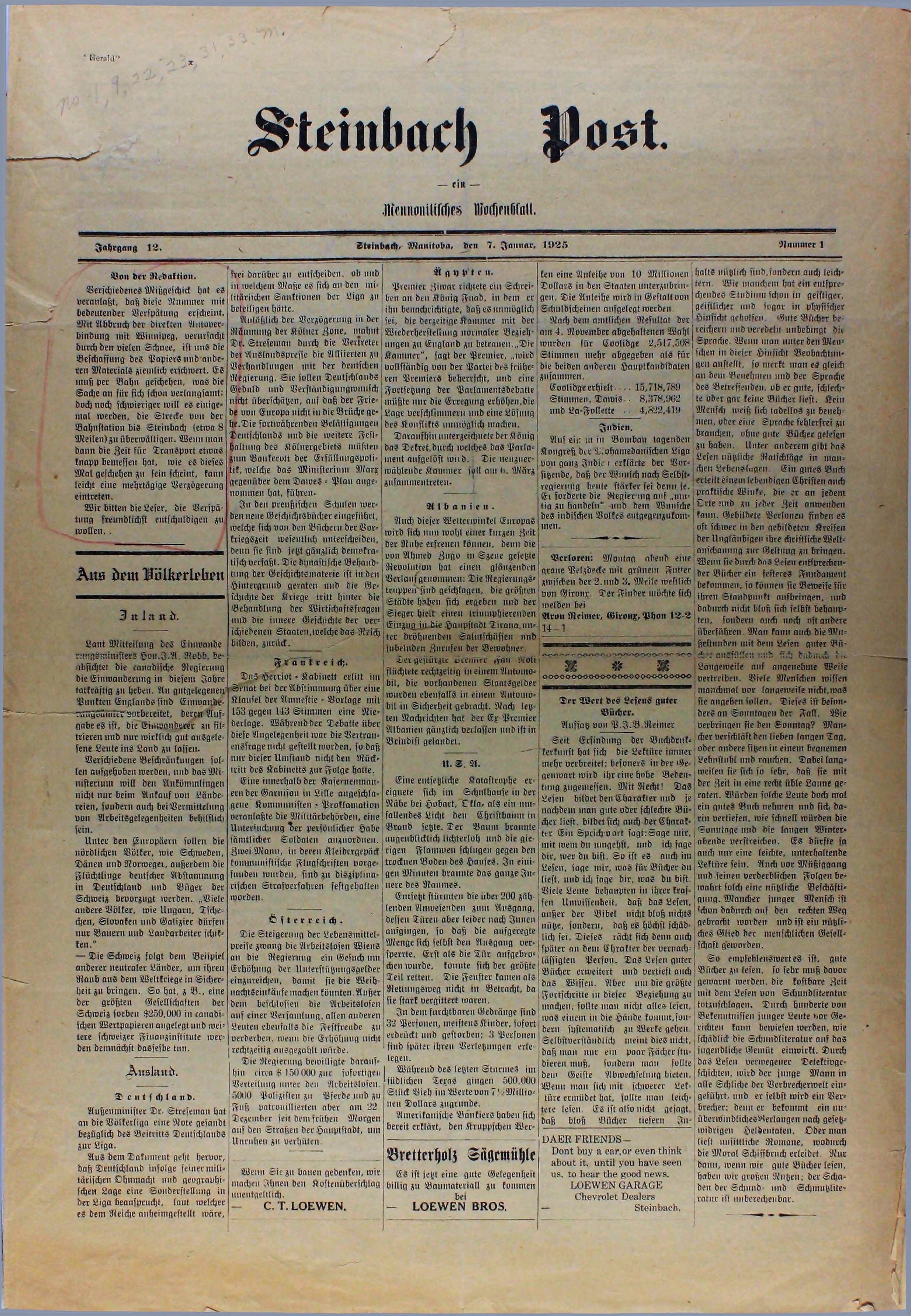 Front page of Steinbach Post volume 12 issue 1